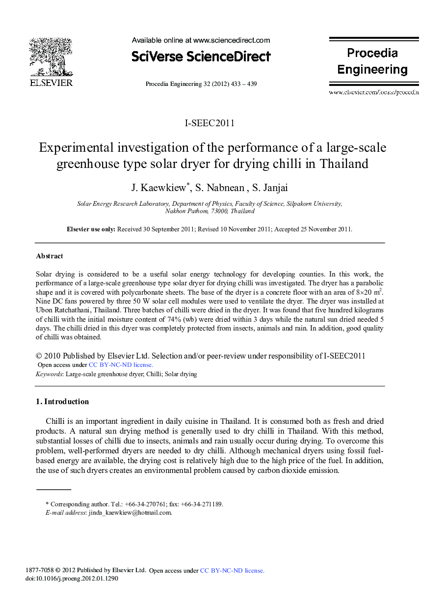 Experimental investigation of the performance of a large-scale greenhouse type solar dryer for drying chilli in Thailand