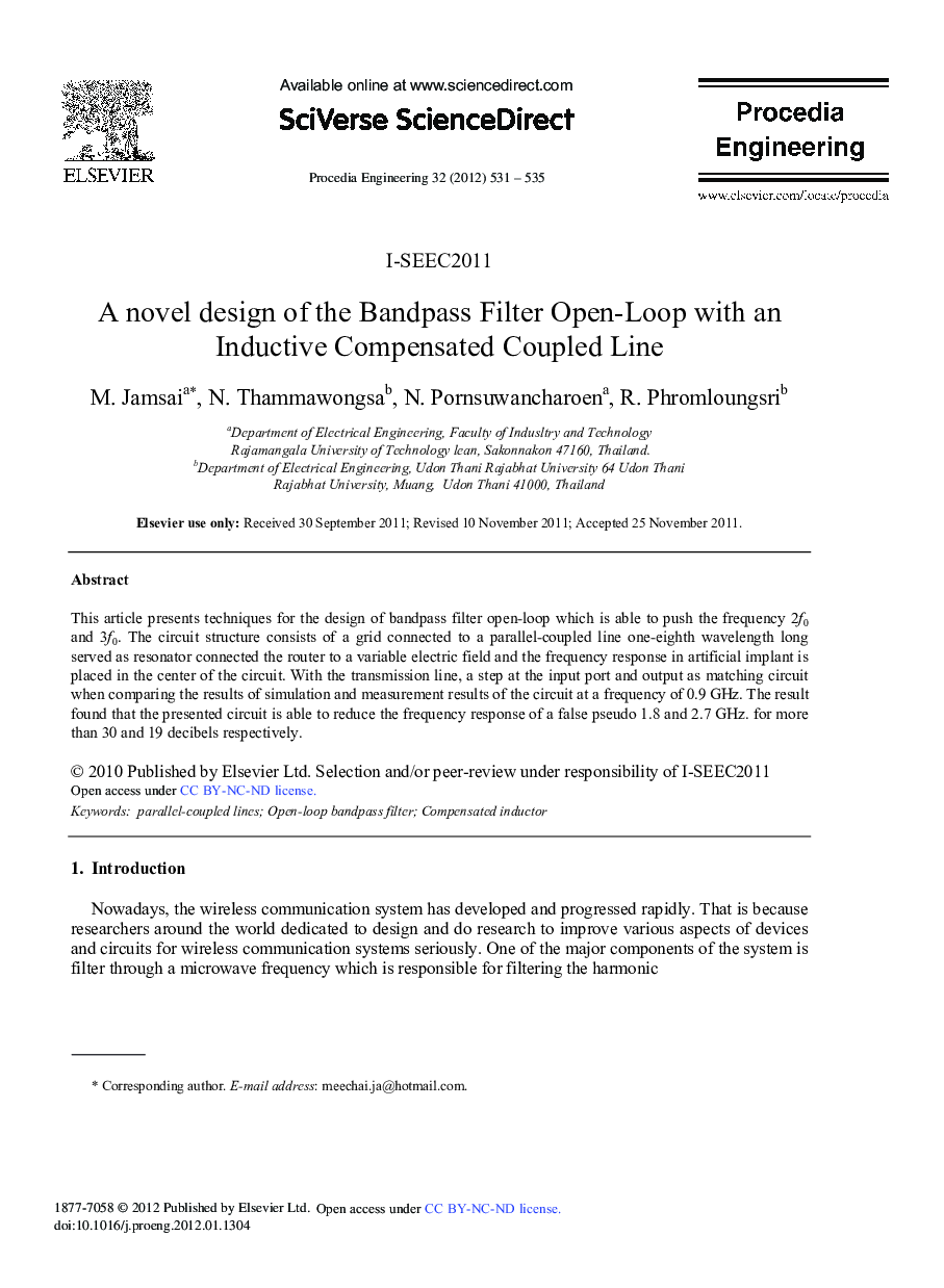 A novel design of the Bandpass Filter Open-Loop with an Inductive Compensated Coupled Line