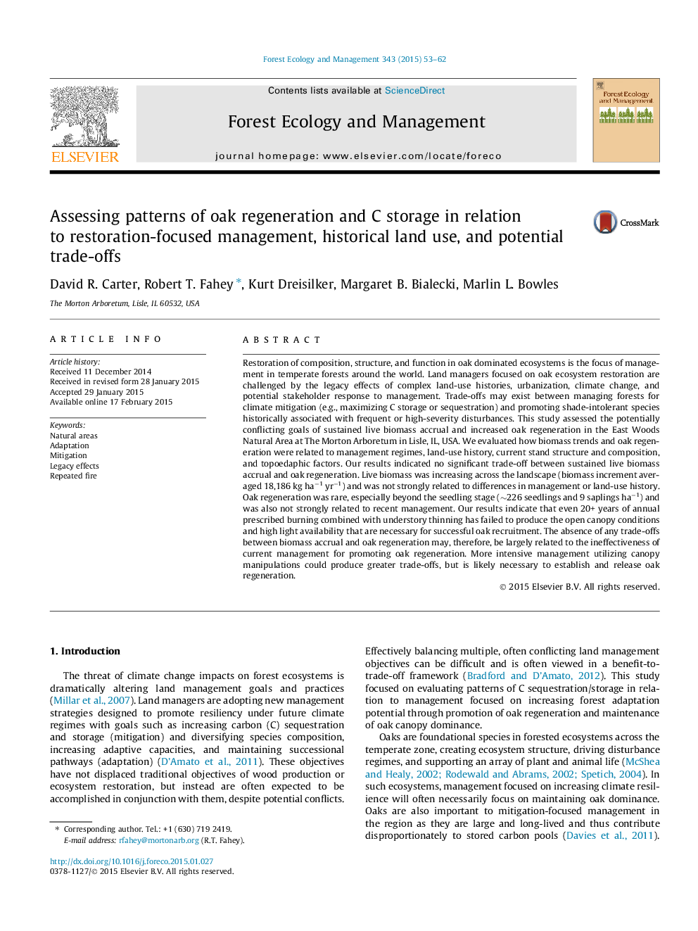 Assessing patterns of oak regeneration and C storage in relation to restoration-focused management, historical land use, and potential trade-offs