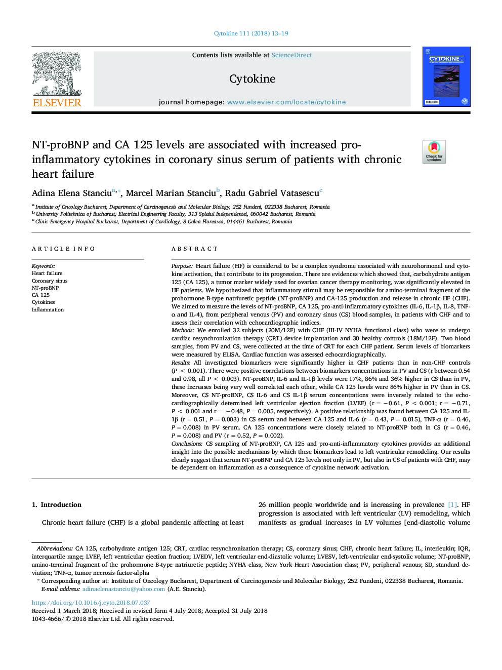 NT-proBNP and CA 125 levels are associated with increased pro-inflammatory cytokines in coronary sinus serum of patients with chronic heart failure