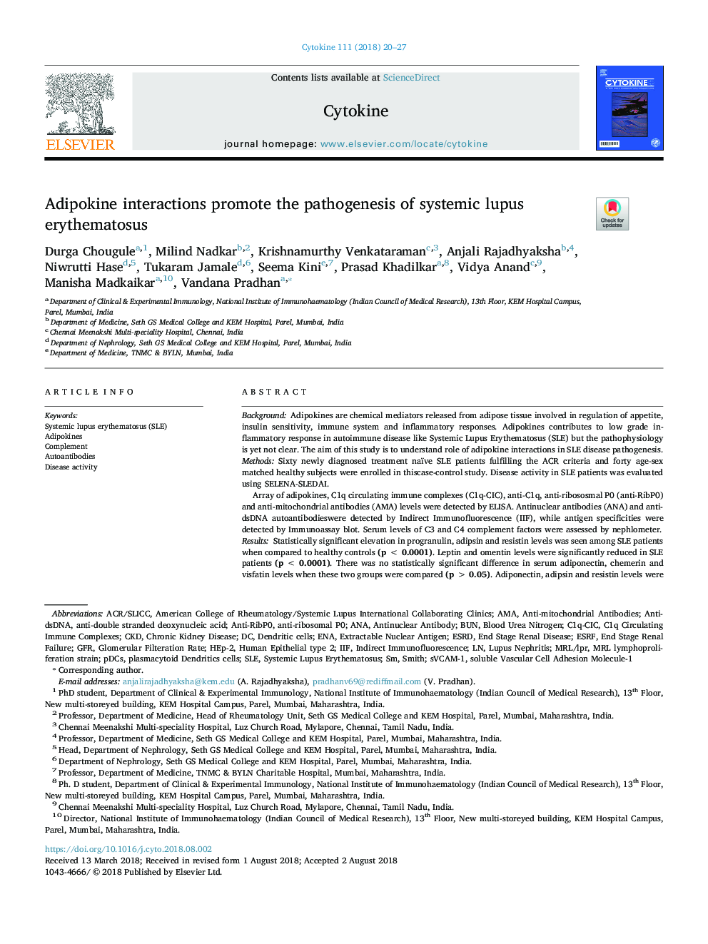 Adipokine interactions promote the pathogenesis of systemic lupus erythematosus