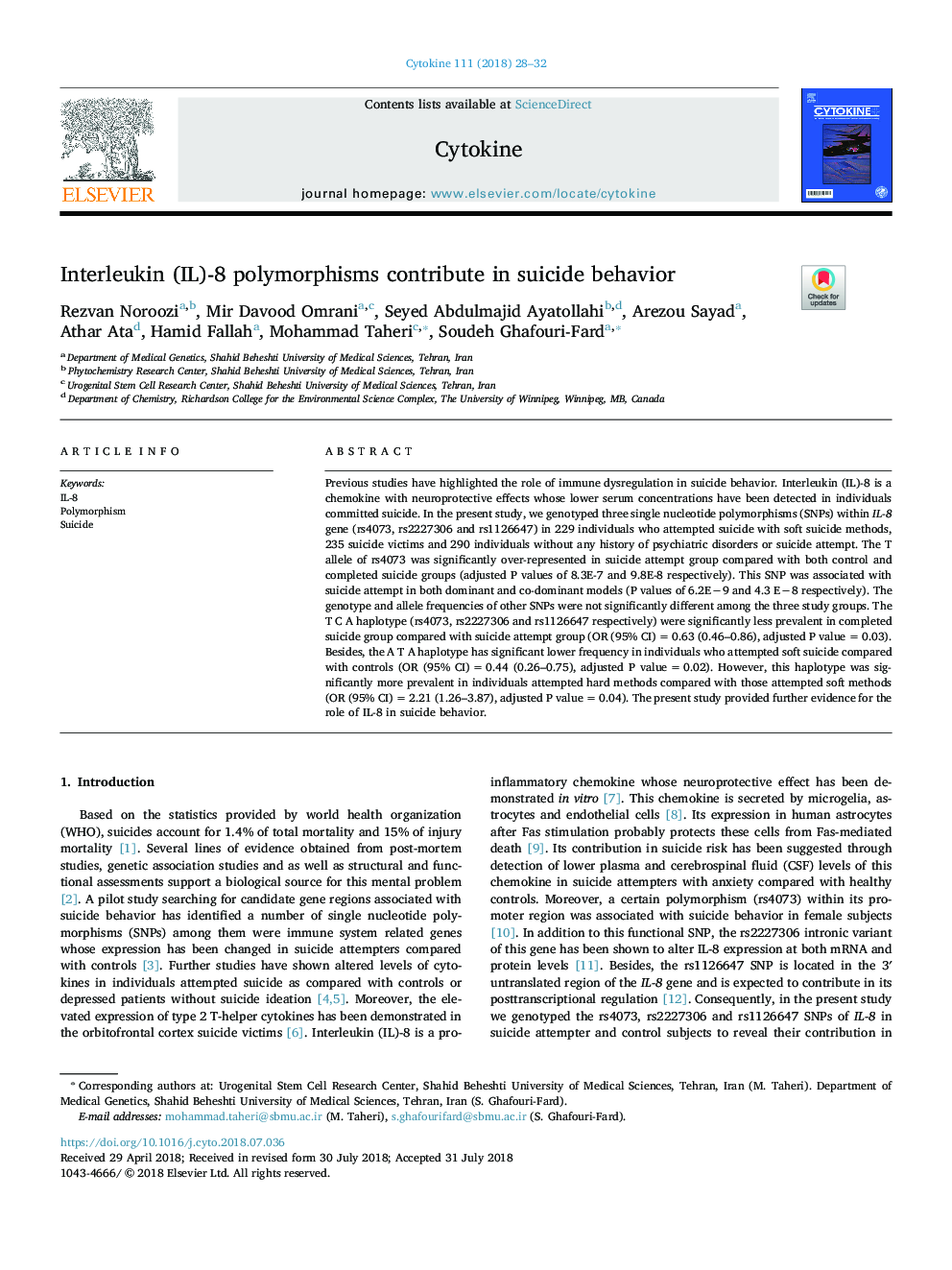 Interleukin (IL)-8 polymorphisms contribute in suicide behavior