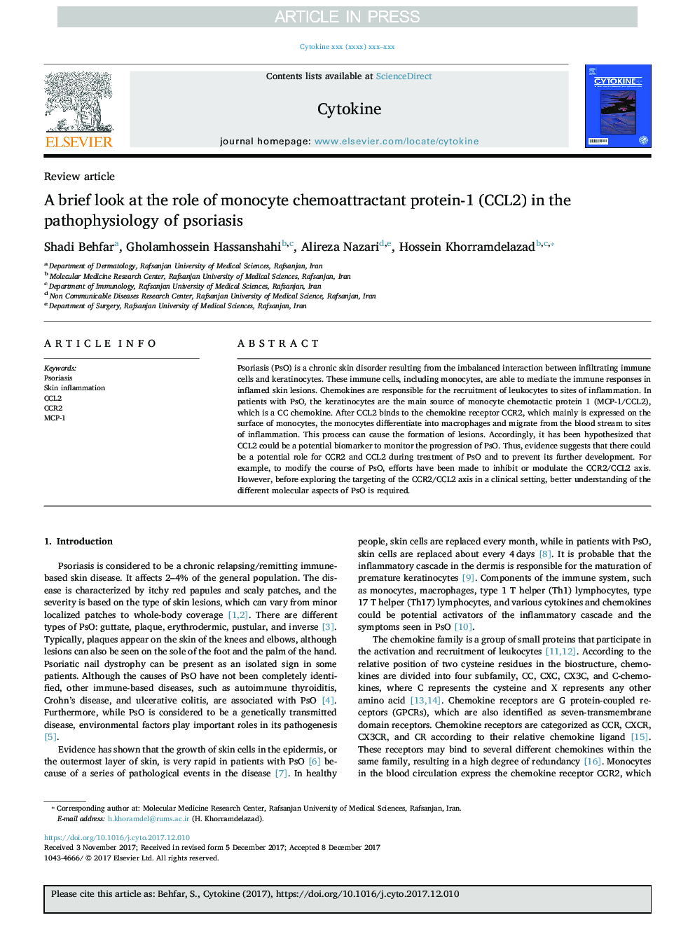 A brief look at the role of monocyte chemoattractant protein-1 (CCL2) in the pathophysiology of psoriasis