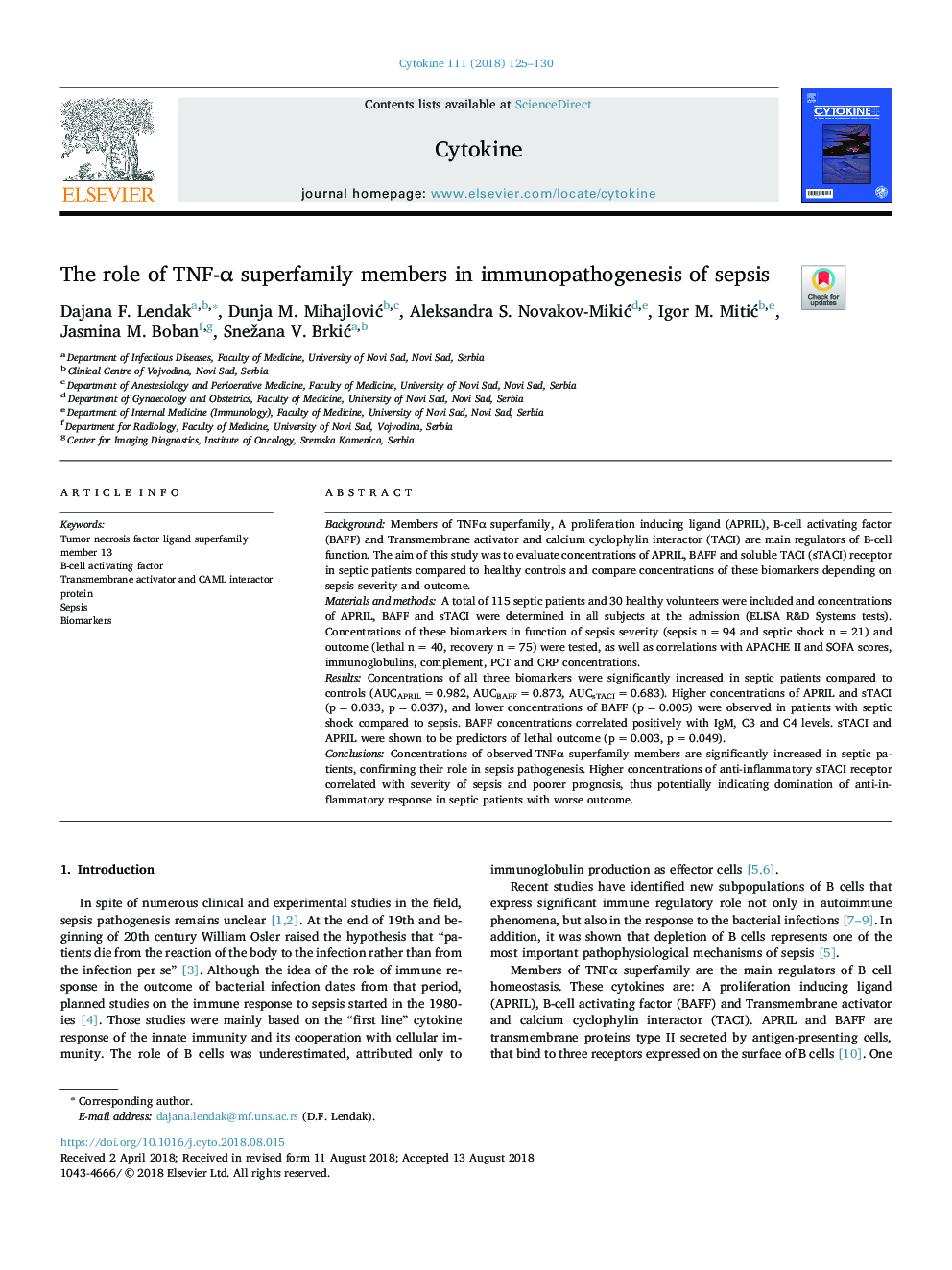 The role of TNF-Î± superfamily members in immunopathogenesis of sepsis