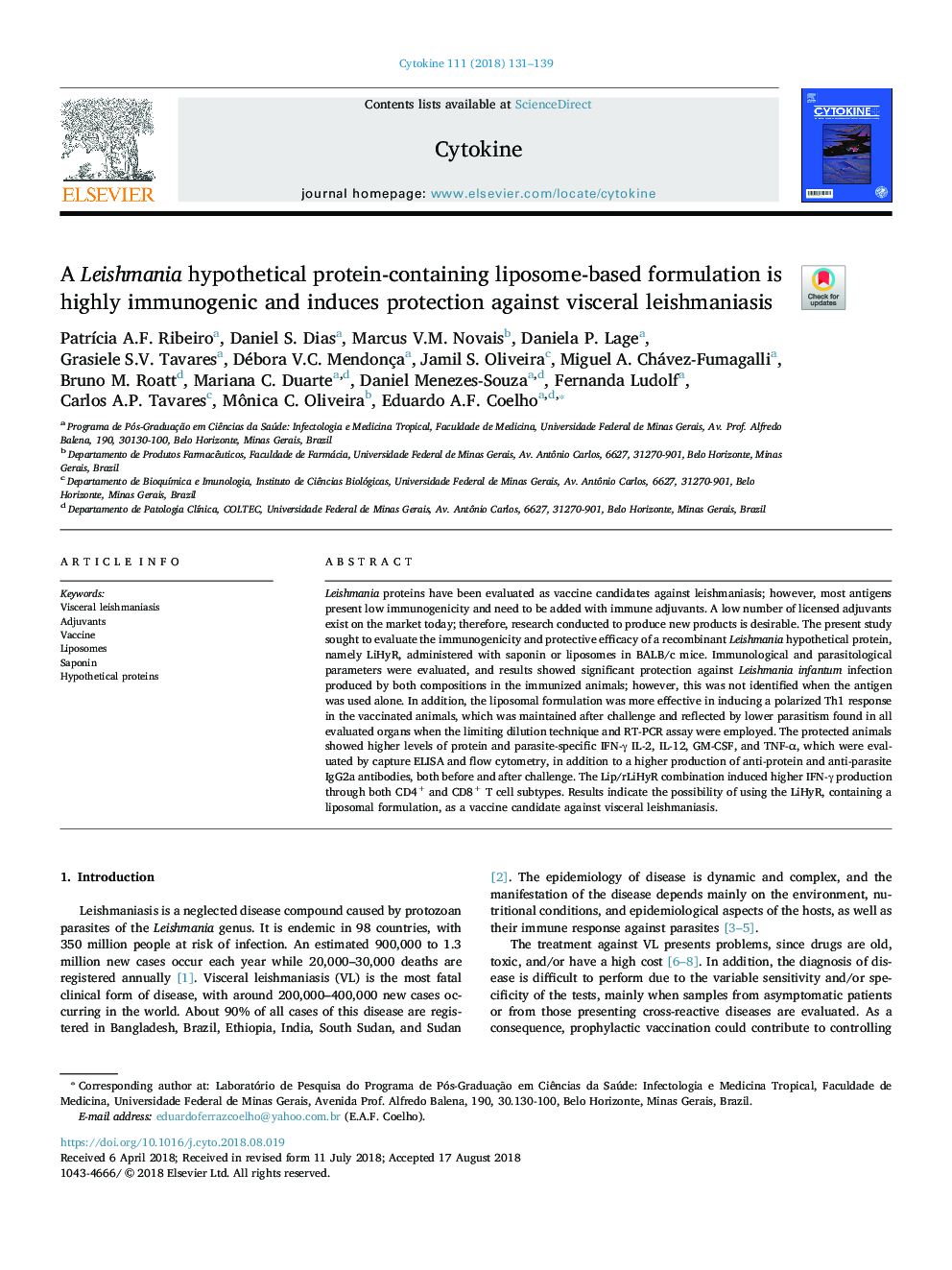 A Leishmania hypothetical protein-containing liposome-based formulation is highly immunogenic and induces protection against visceral leishmaniasis