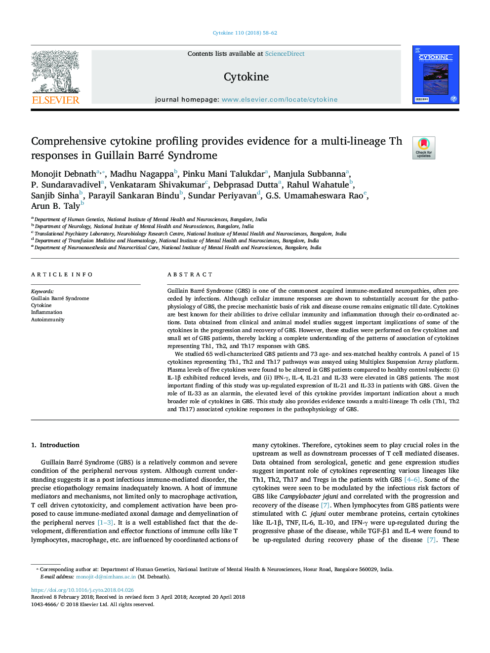 Comprehensive cytokine profiling provides evidence for a multi-lineage Th responses in Guillain Barré Syndrome