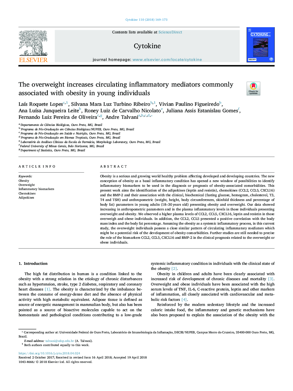 The overweight increases circulating inflammatory mediators commonly associated with obesity in young individuals