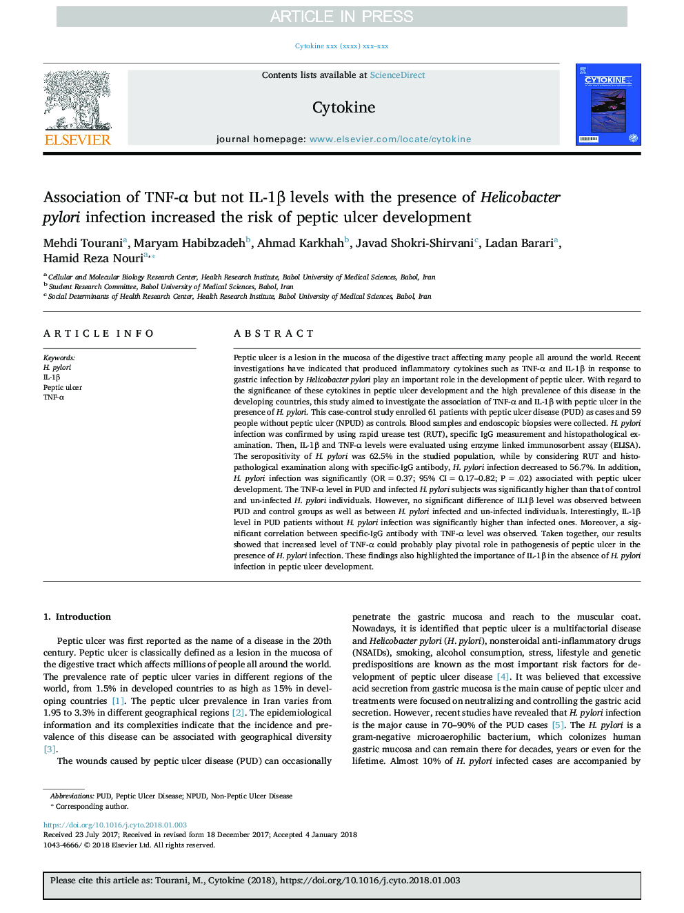 Association of TNF-Î± but not IL-1Î² levels with the presence of Helicobacter pylori infection increased the risk of peptic ulcer development