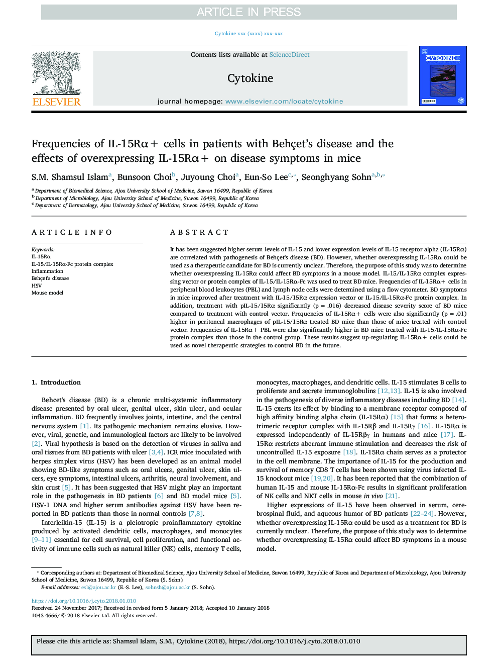 Frequencies of IL-15RÎ±+ cells in patients with Behçet's disease and the effects of overexpressing IL-15RÎ±+ on disease symptoms in mice