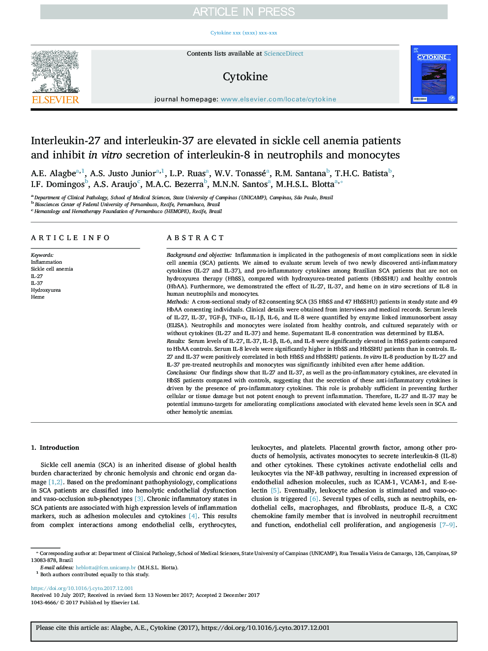 Interleukin-27 and interleukin-37 are elevated in sickle cell anemia patients and inhibit in vitro secretion of interleukin-8 in neutrophils and monocytes