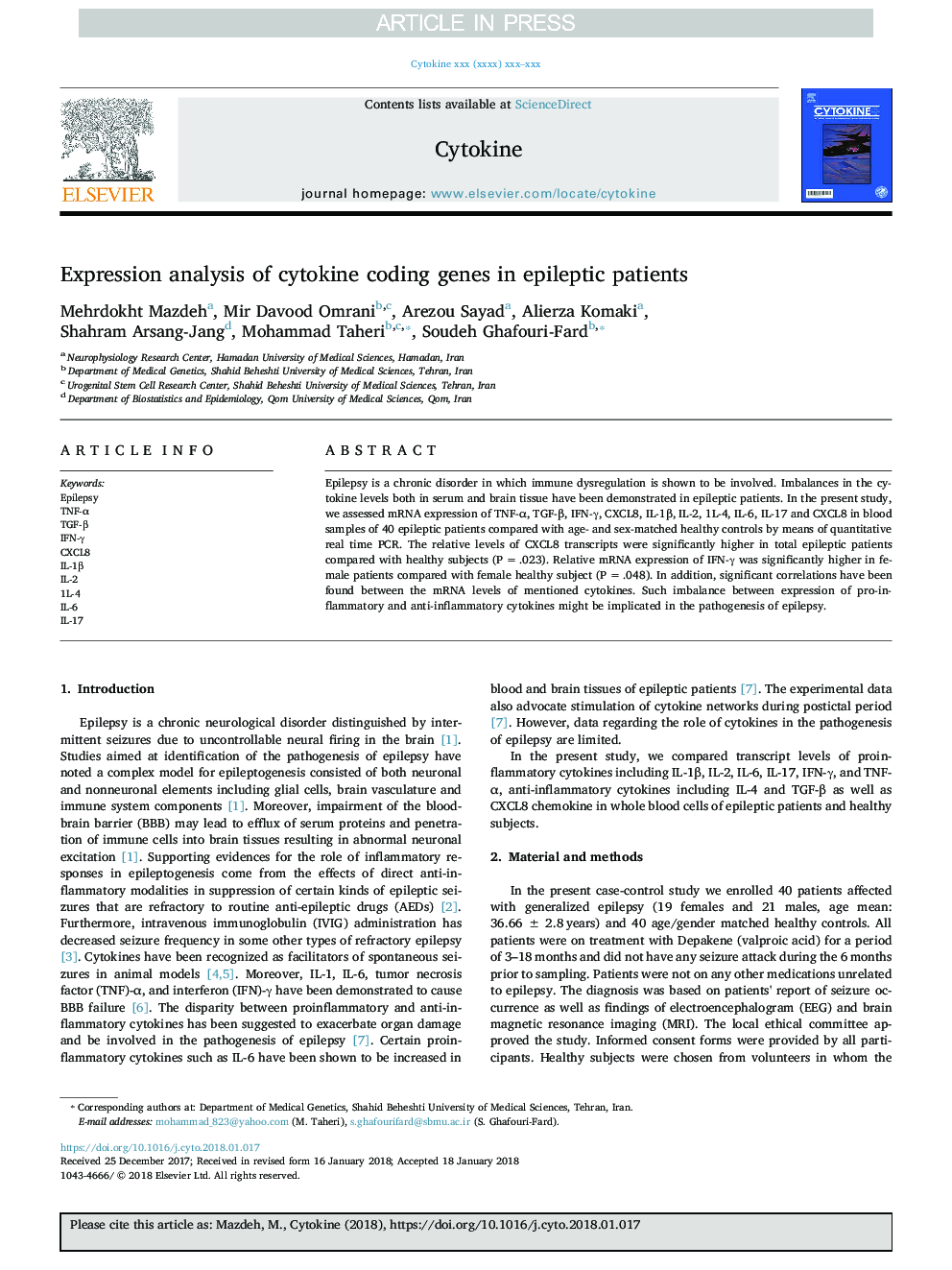 Expression analysis of cytokine coding genes in epileptic patients