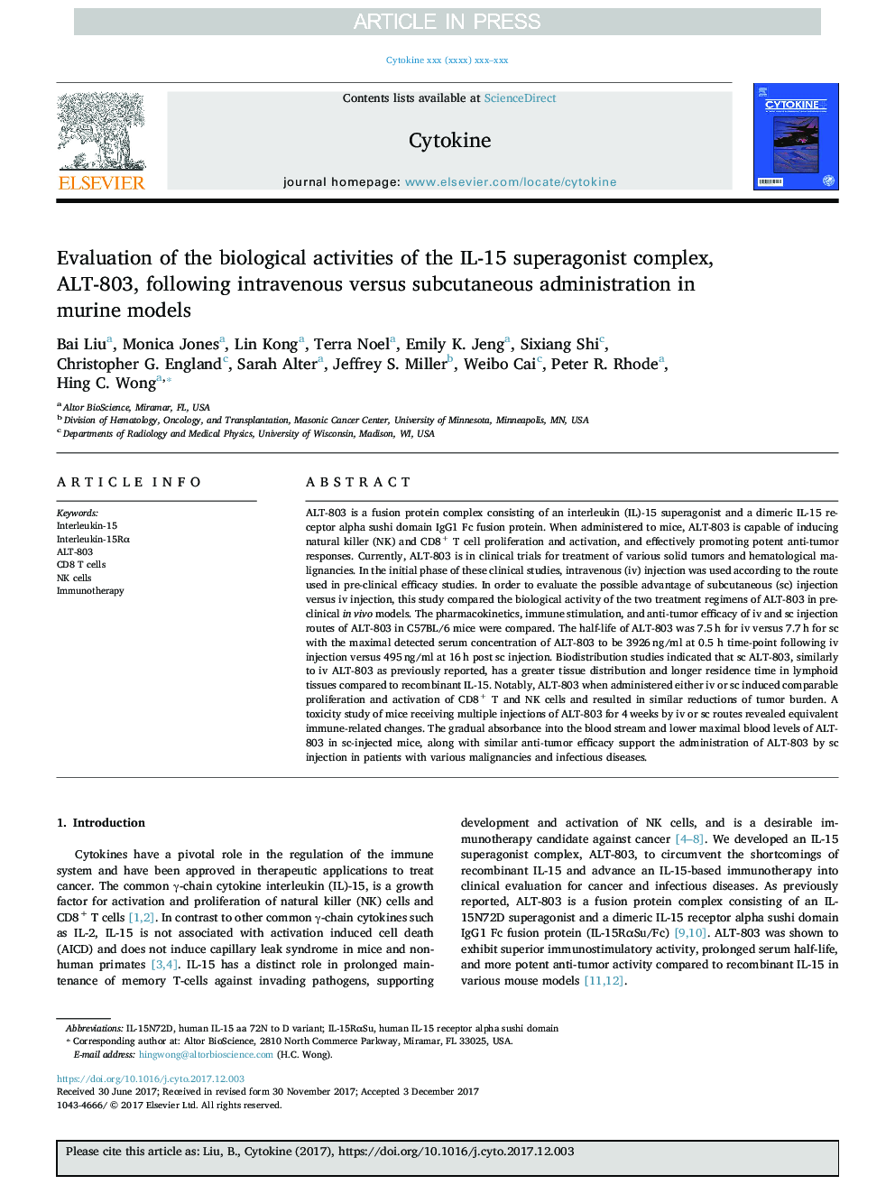 Evaluation of the biological activities of the IL-15 superagonist complex, ALT-803, following intravenous versus subcutaneous administration in murine models