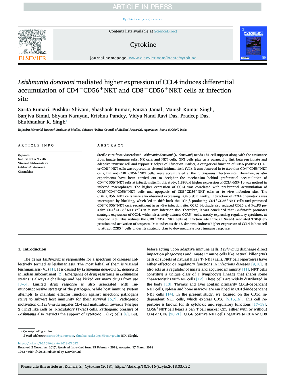 Leishmania donovani mediated higher expression of CCL4 induces differential accumulation of CD4+CD56+NKT and CD8+CD56+NKT cells at infection site