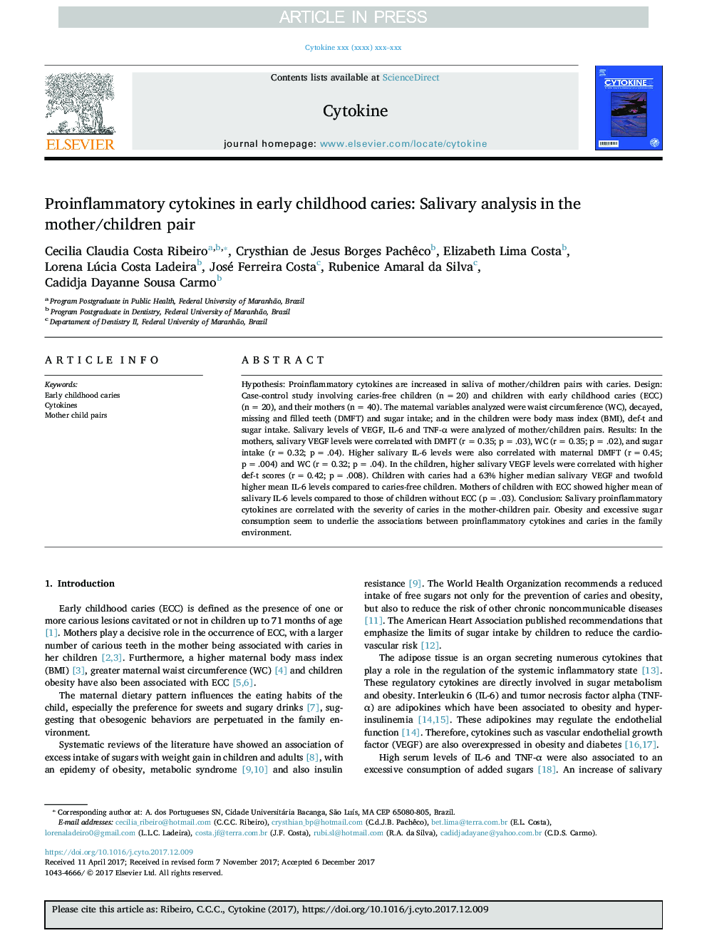 Proinflammatory cytokines in early childhood caries: Salivary analysis in the mother/children pair