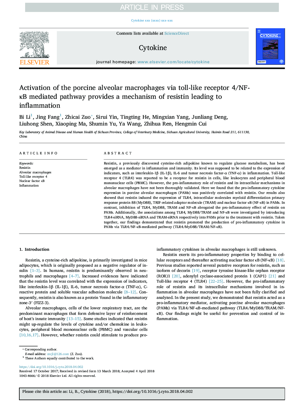 Activation of the porcine alveolar macrophages via toll-like receptor 4/NF-ÎºB mediated pathway provides a mechanism of resistin leading to inflammation