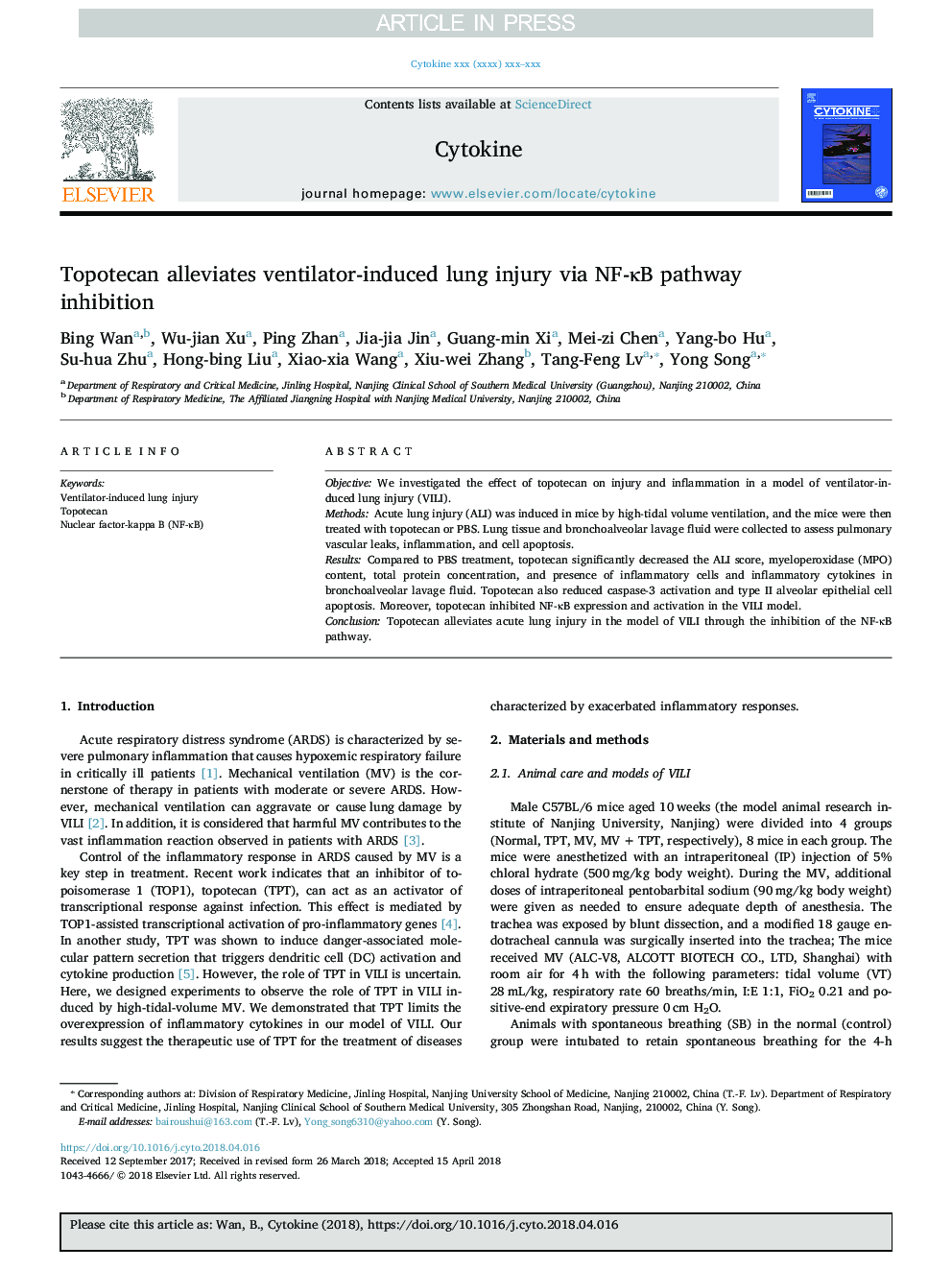 Topotecan alleviates ventilator-induced lung injury via NF-ÎºB pathway inhibition