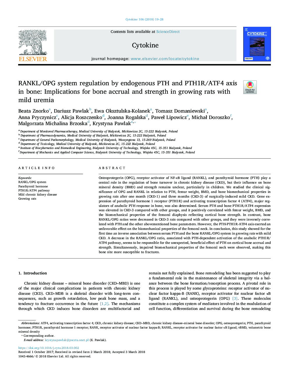 RANKL/OPG system regulation by endogenous PTH and PTH1R/ATF4 axis in bone: Implications for bone accrual and strength in growing rats with mild uremia