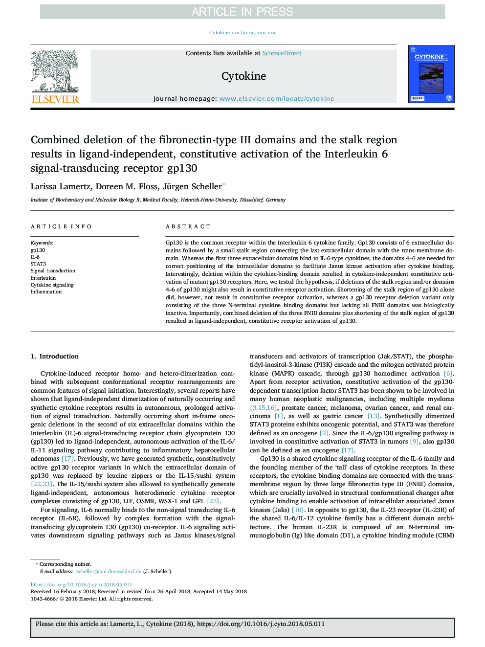 Combined deletion of the fibronectin-type III domains and the stalk region results in ligand-independent, constitutive activation of the Interleukin 6 signal-transducing receptor gp130