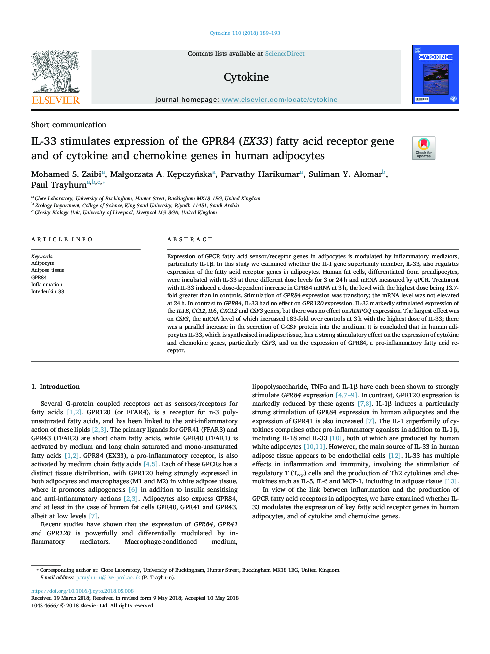 IL-33 stimulates expression of the GPR84 (EX33) fatty acid receptor gene and of cytokine and chemokine genes in human adipocytes