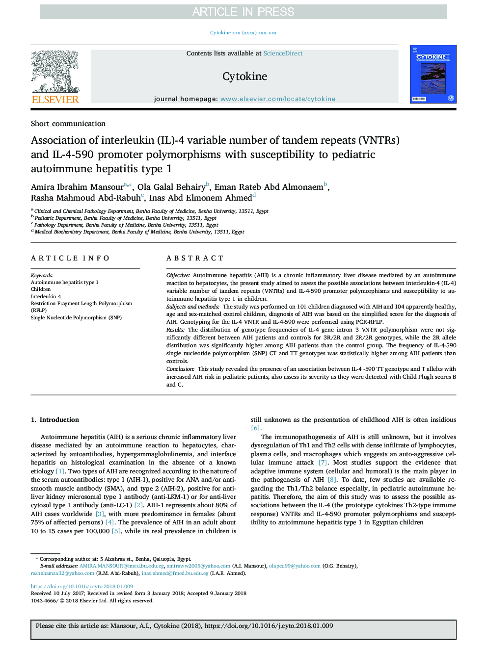 Association of interleukin (IL)-4 variable number of tandem repeats (VNTRs) and IL-4-590 promoter polymorphisms with susceptibility to pediatric autoimmune hepatitis type 1