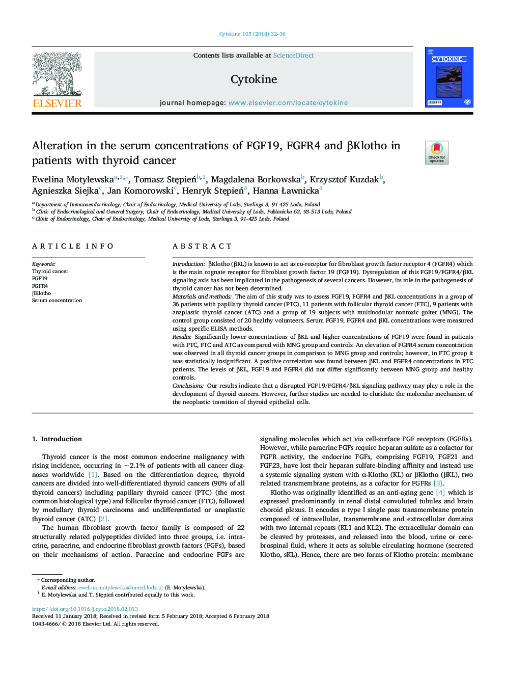 Alteration in the serum concentrations of FGF19, FGFR4 and Î²Klotho in patients with thyroid cancer