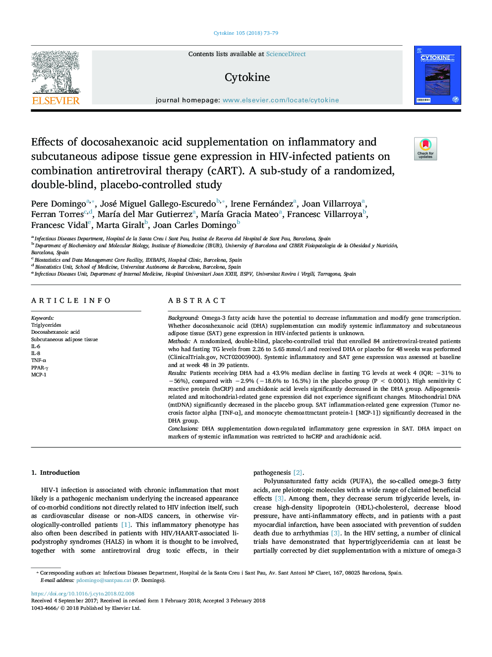 Effects of docosahexanoic acid supplementation on inflammatory and subcutaneous adipose tissue gene expression in HIV-infected patients on combination antiretroviral therapy (cART). A sub-study of a randomized, double-blind, placebo-controlled study