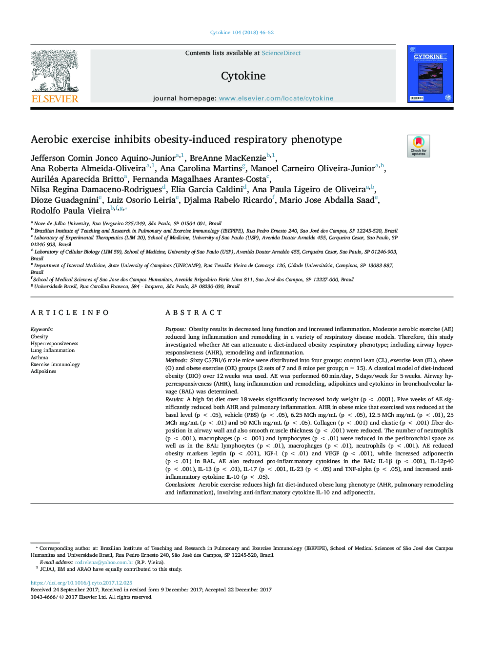 Aerobic exercise inhibits obesity-induced respiratory phenotype