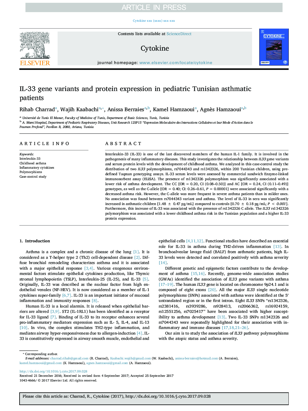 IL-33 gene variants and protein expression in pediatric Tunisian asthmatic patients