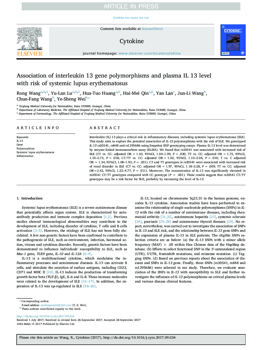 Association of interleukin 13 gene polymorphisms and plasma IL 13 level with risk of systemic lupus erythematosus