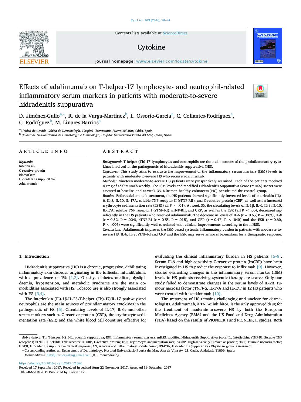 Effects of adalimumab on T-helper-17 lymphocyte- and neutrophil-related inflammatory serum markers in patients with moderate-to-severe hidradenitis suppurativa