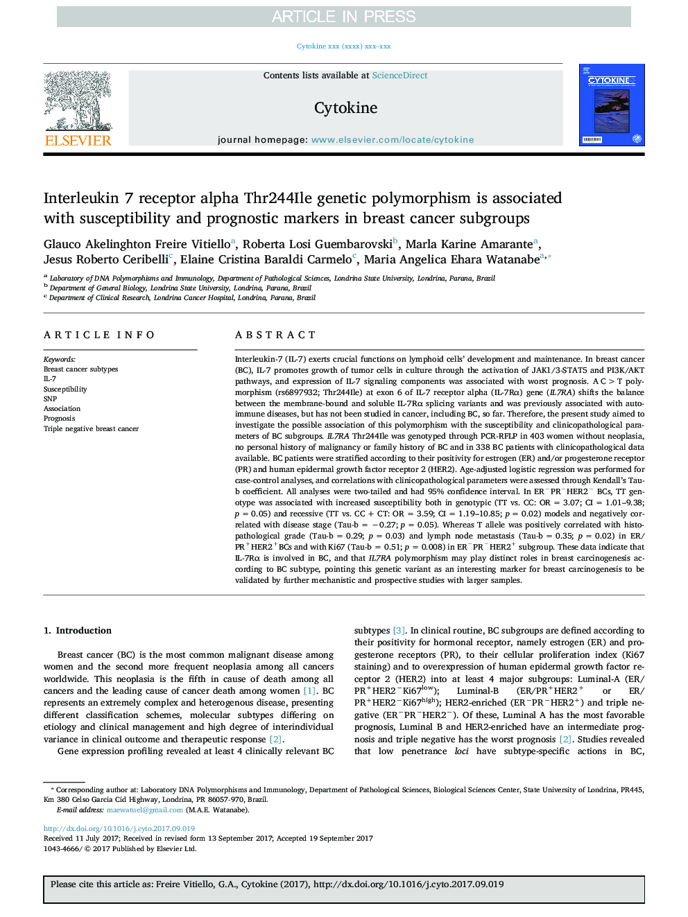 Interleukin 7 receptor alpha Thr244Ile genetic polymorphism is associated with susceptibility and prognostic markers in breast cancer subgroups