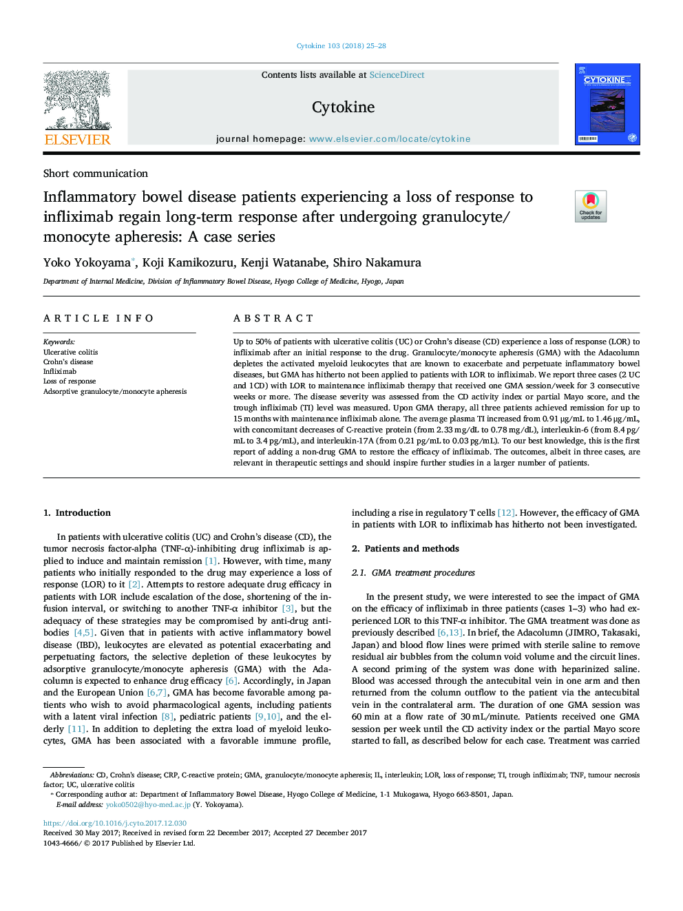 Inflammatory bowel disease patients experiencing a loss of response to infliximab regain long-term response after undergoing granulocyte/monocyte apheresis: A case series