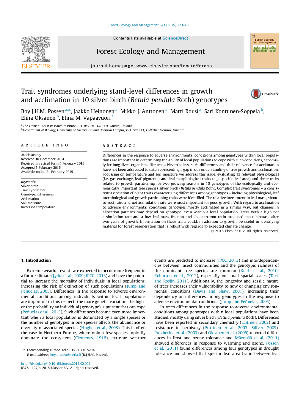 Trait syndromes underlying stand-level differences in growth and acclimation in 10 silver birch (Betula pendula Roth) genotypes