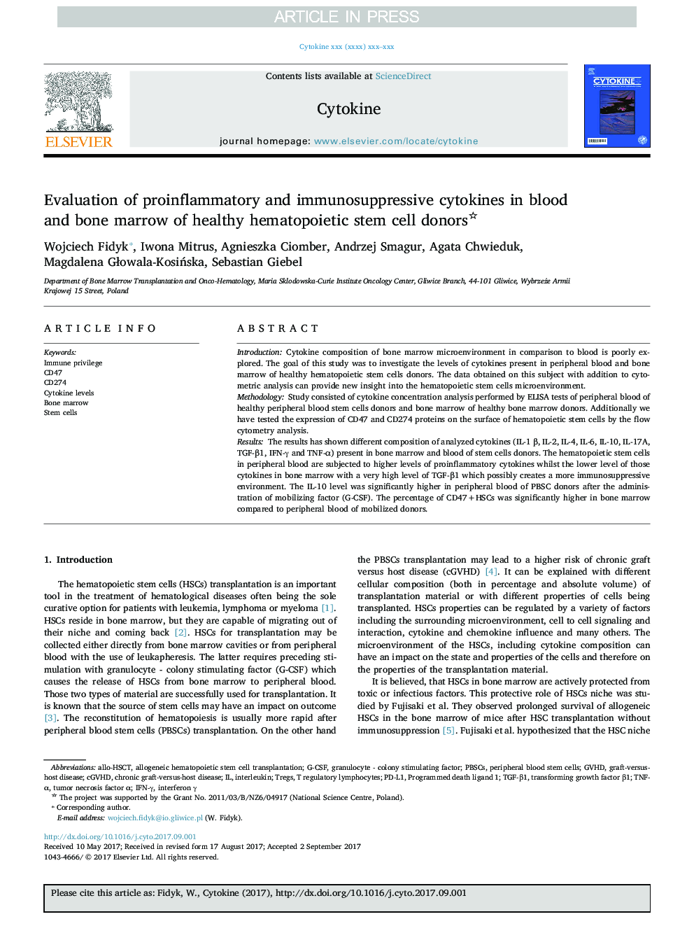 Evaluation of proinflammatory and immunosuppressive cytokines in blood and bone marrow of healthy hematopoietic stem cell donors