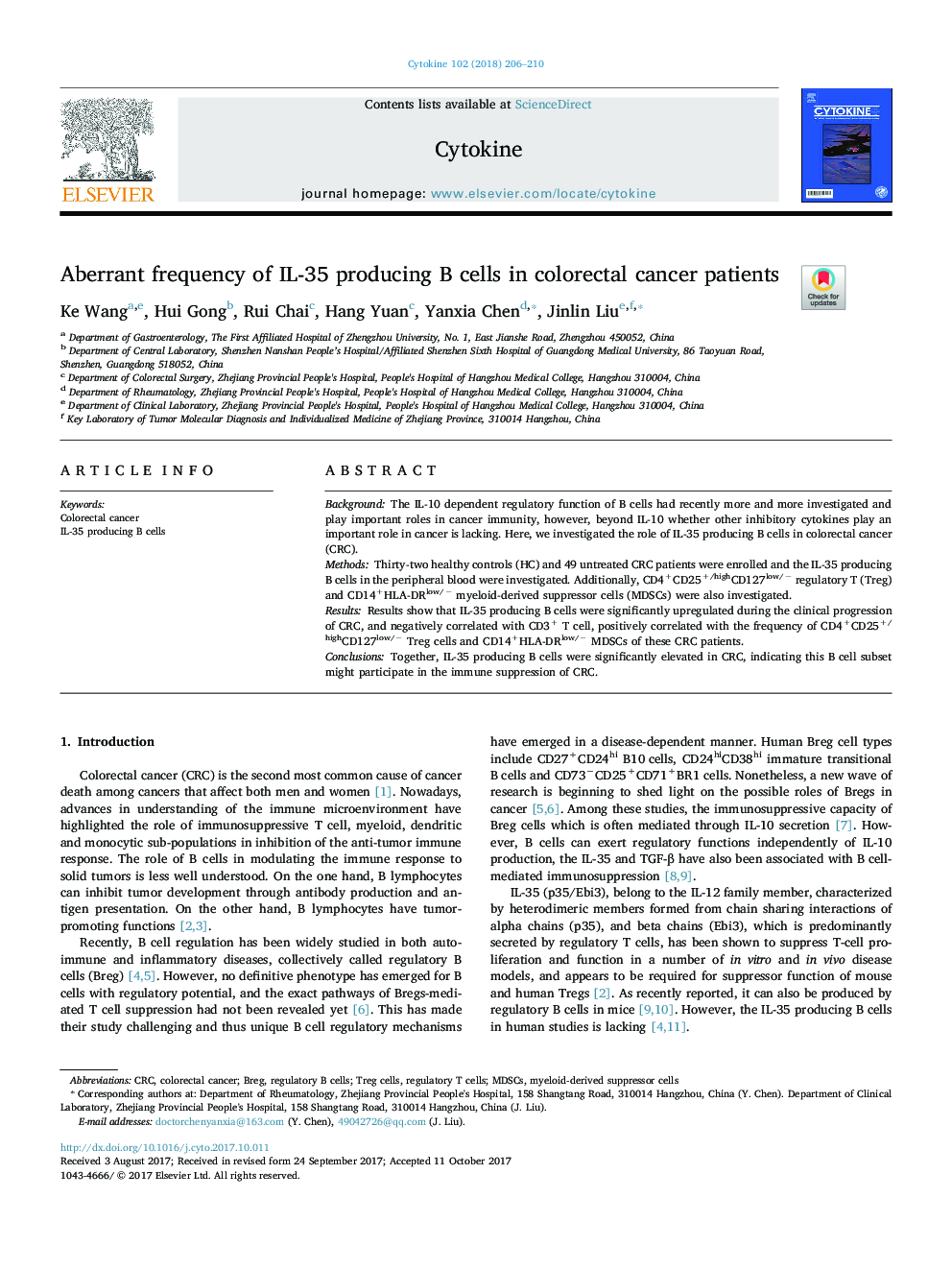 Aberrant frequency of IL-35 producing B cells in colorectal cancer patients