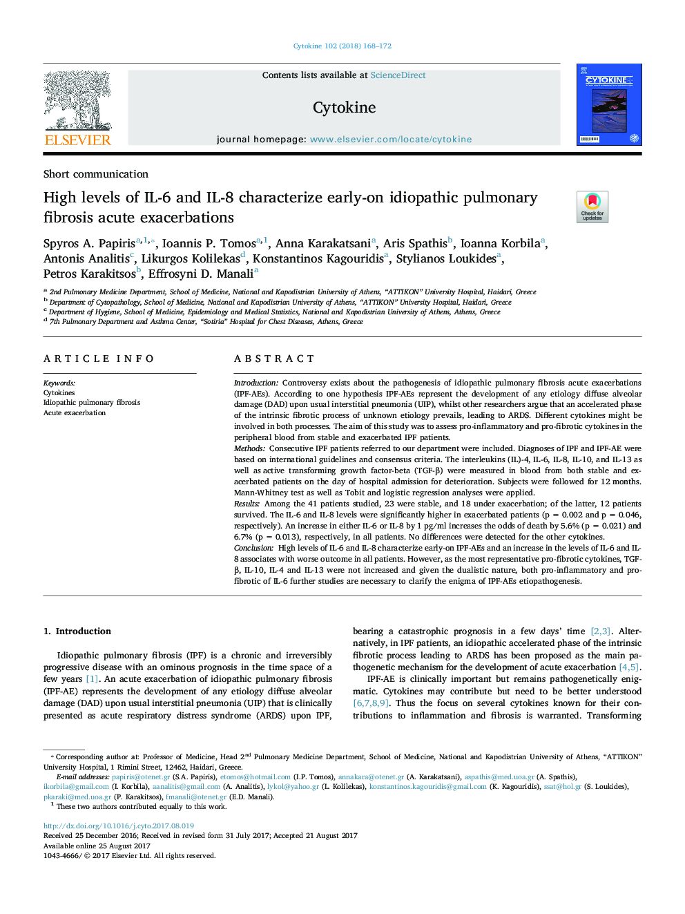 High levels of IL-6 and IL-8 characterize early-on idiopathic pulmonary fibrosis acute exacerbations