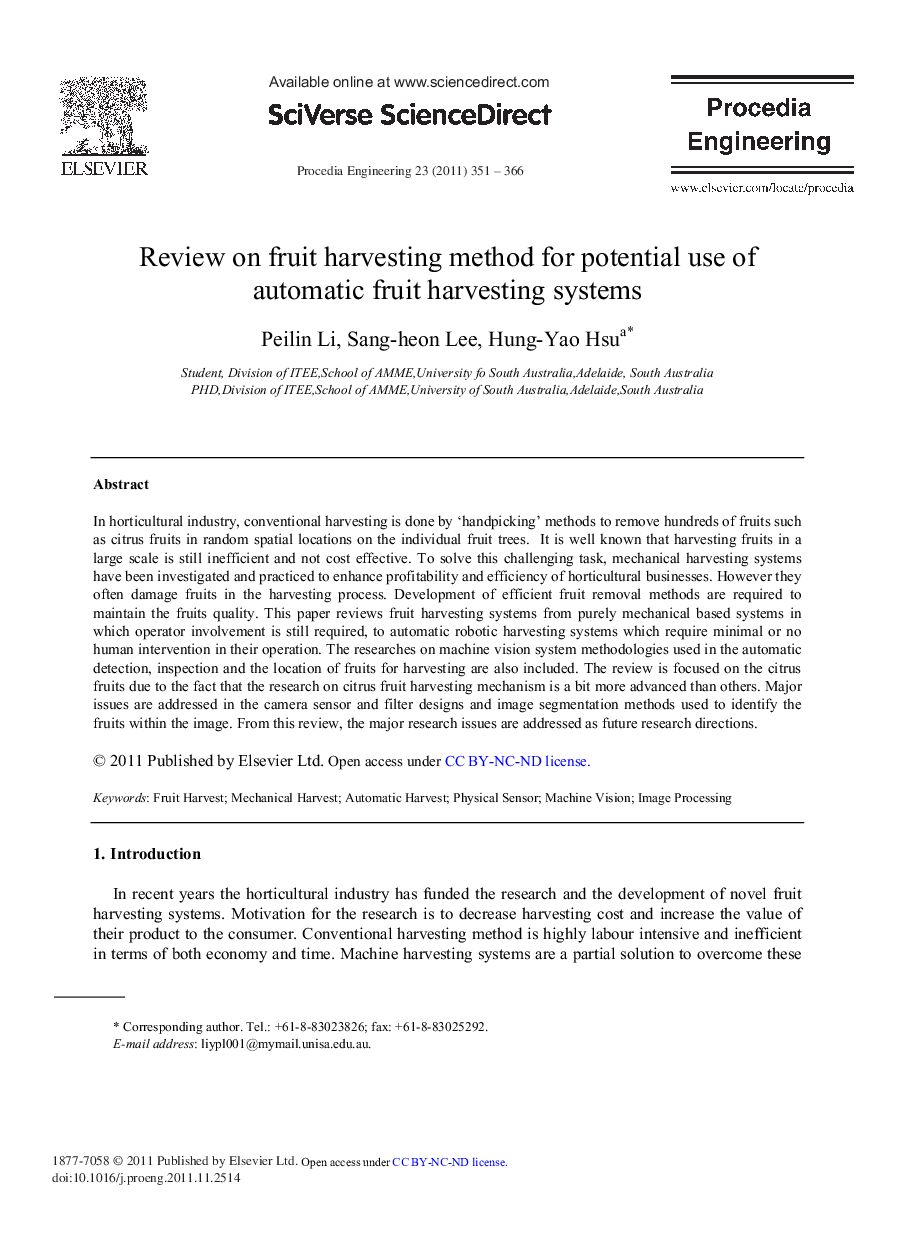 Review on fruit harvesting method for potential use of automatic fruit harvesting systems