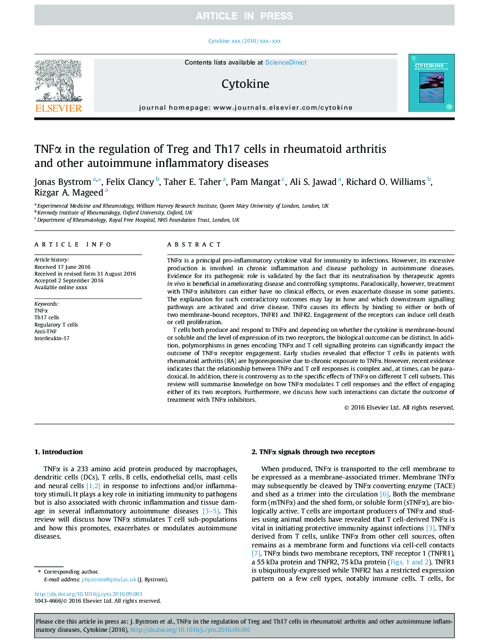 TNFÎ± in the regulation of Treg and Th17 cells in rheumatoid arthritis and other autoimmune inflammatory diseases