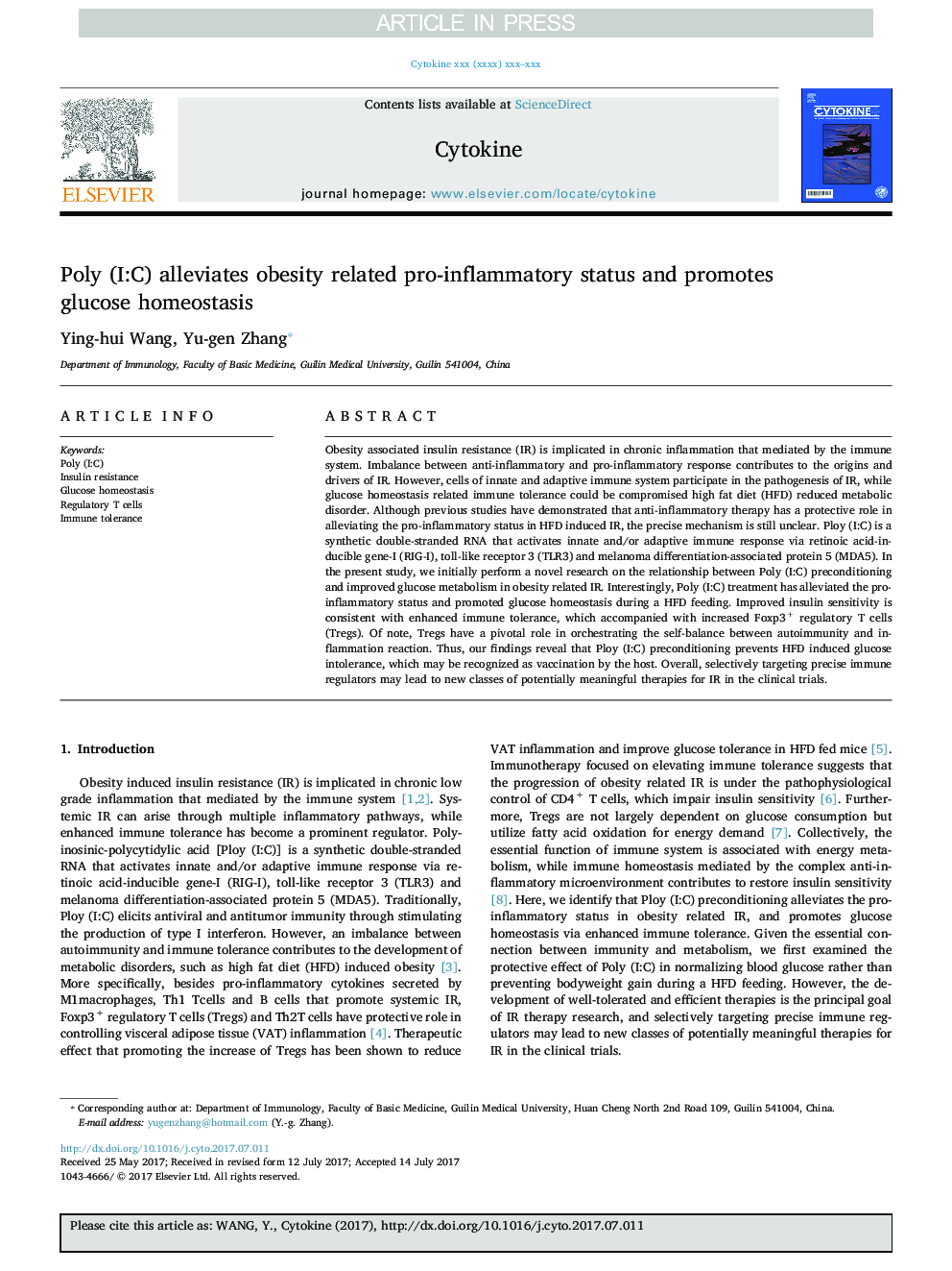 Poly (I:C) alleviates obesity related pro-inflammatory status and promotes glucose homeostasis