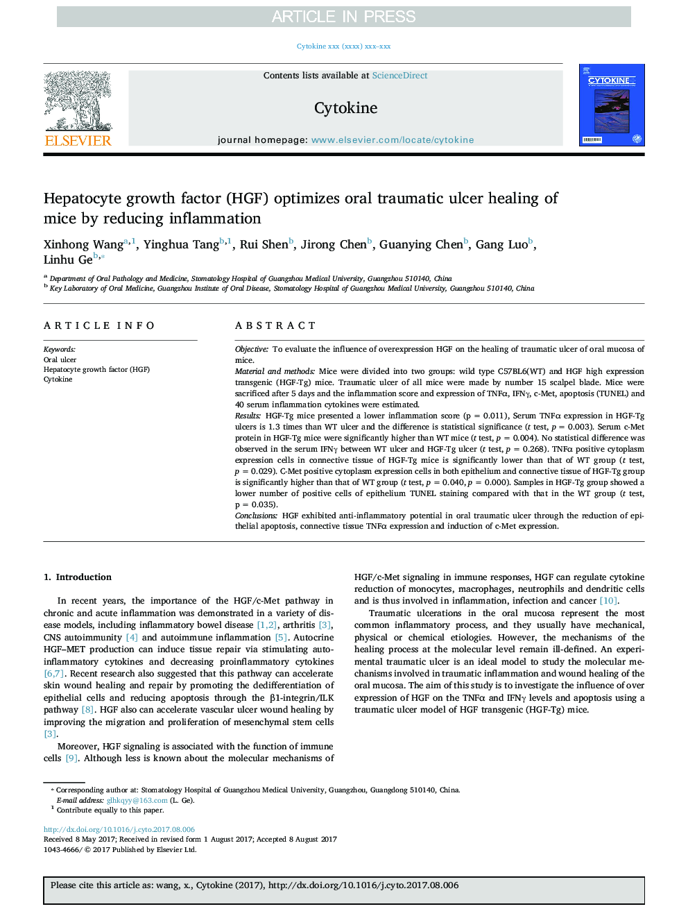 Hepatocyte growth factor (HGF) optimizes oral traumatic ulcer healing of mice by reducing inflammation