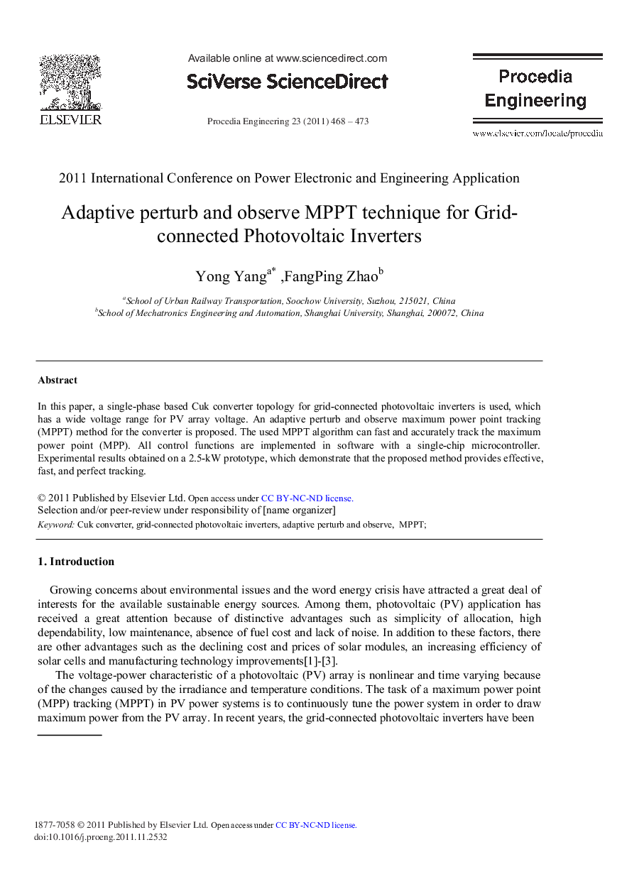 Adaptive Perturb and Observe MPPT Technique for Grid- Connected Photovoltaic Inverters