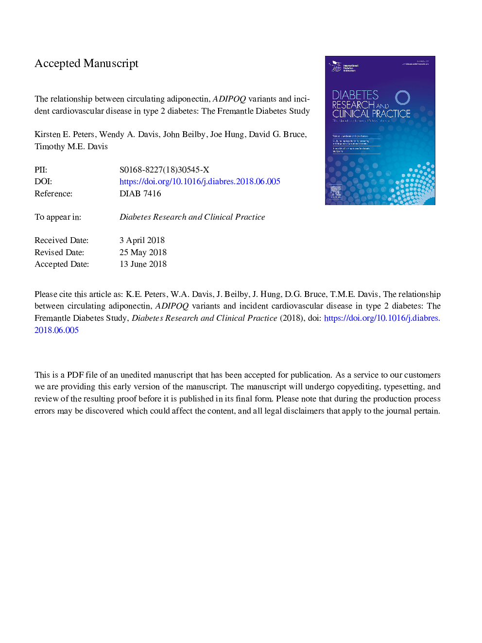 The relationship between circulating adiponectin, ADIPOQ variants and incident cardiovascular disease in type 2 diabetes: The Fremantle Diabetes Study