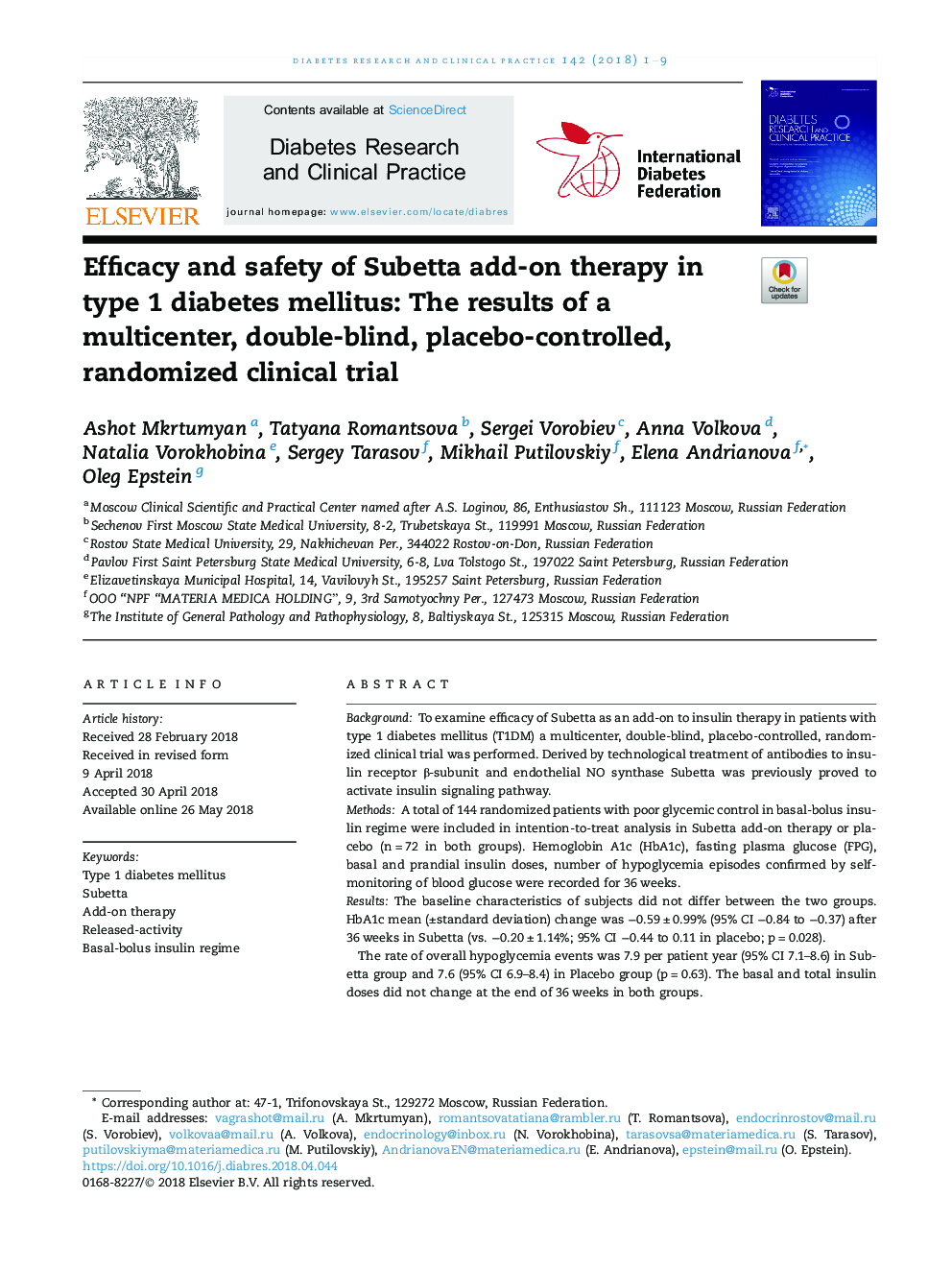 Efficacy and safety of Subetta add-on therapy in type 1 diabetes mellitus: The results of a multicenter, double-blind, placebo-controlled, randomized clinical trial