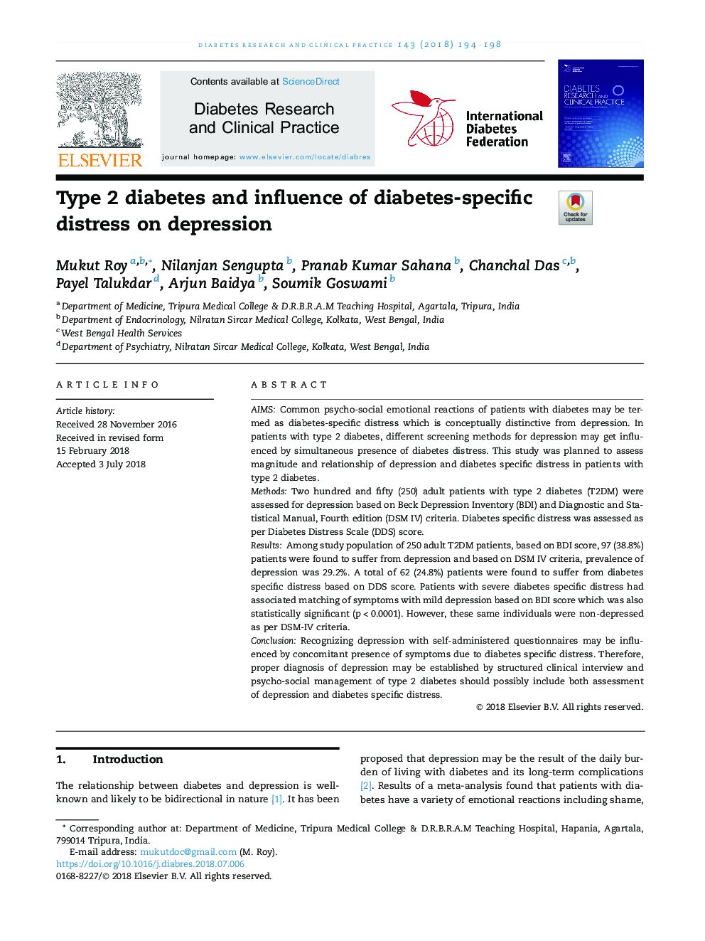 Type 2 diabetes and influence of diabetes-specific distress on depression