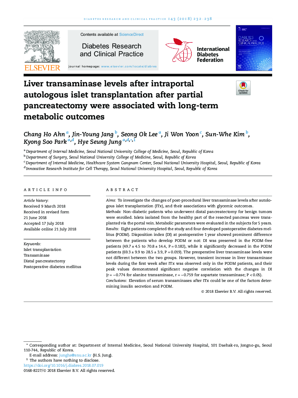 Liver transaminase levels after intraportal autologous islet transplantation after partial pancreatectomy were associated with long-term metabolic outcomes