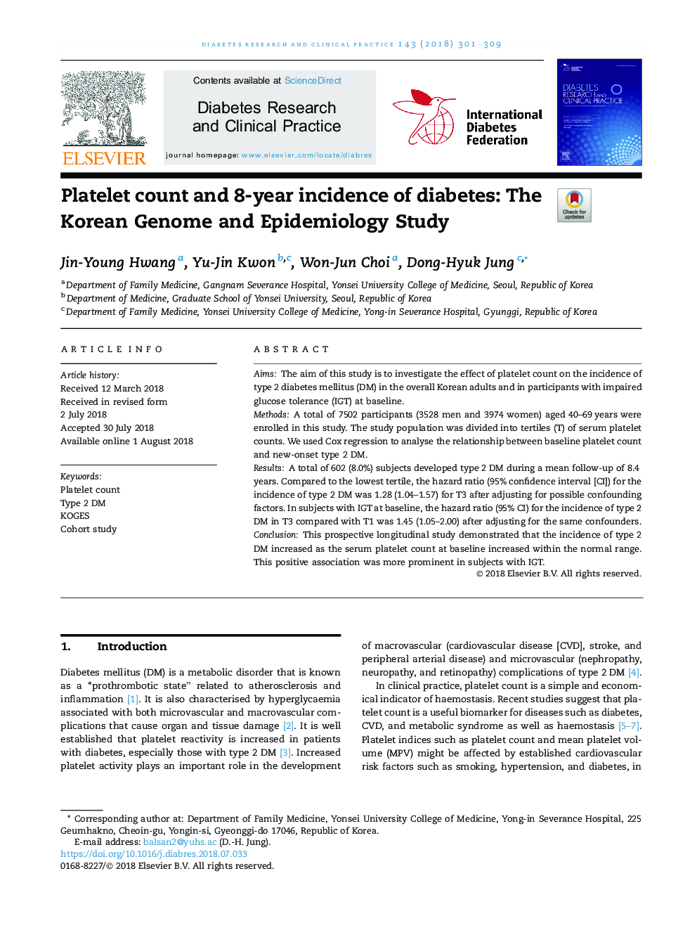 شمارش پلاکت ها و بروز 8 ساله دیابت: مطالعه ژنوم کره ای و اپیدمیولوژی 