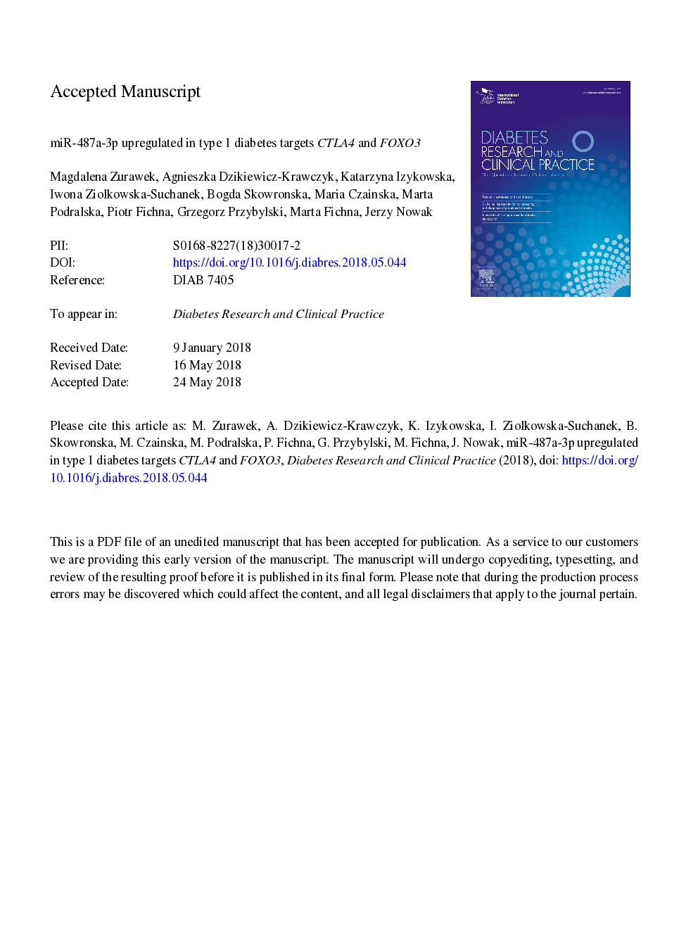 miR-487a-3p upregulated in type 1 diabetes targets CTLA4 and FOXO3