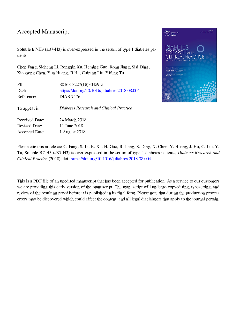 Soluble B7-H3 (sB7-H3) is over-expressed in the serum of type 1 diabetes patients