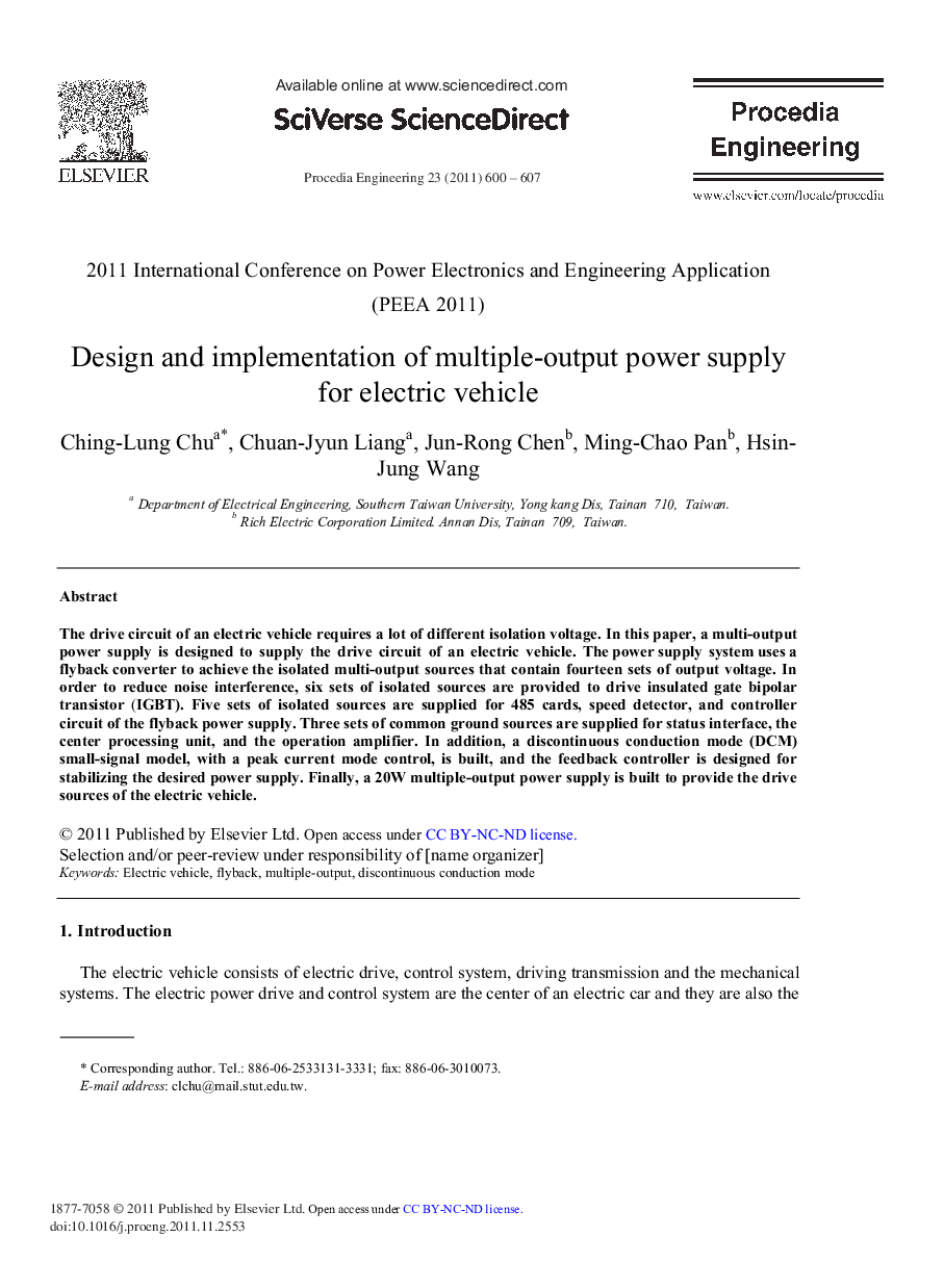 Design and Implementation of Multiple-Output Power Supply for Electric Vehicle