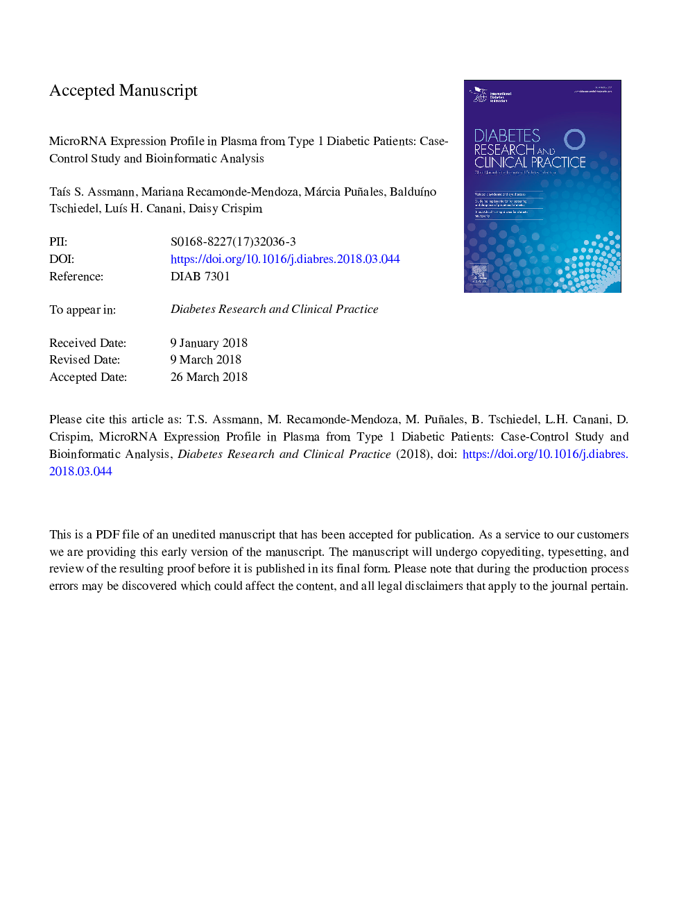 MicroRNA expression profile in plasma from type 1 diabetic patients: Case-control study and bioinformatic analysis